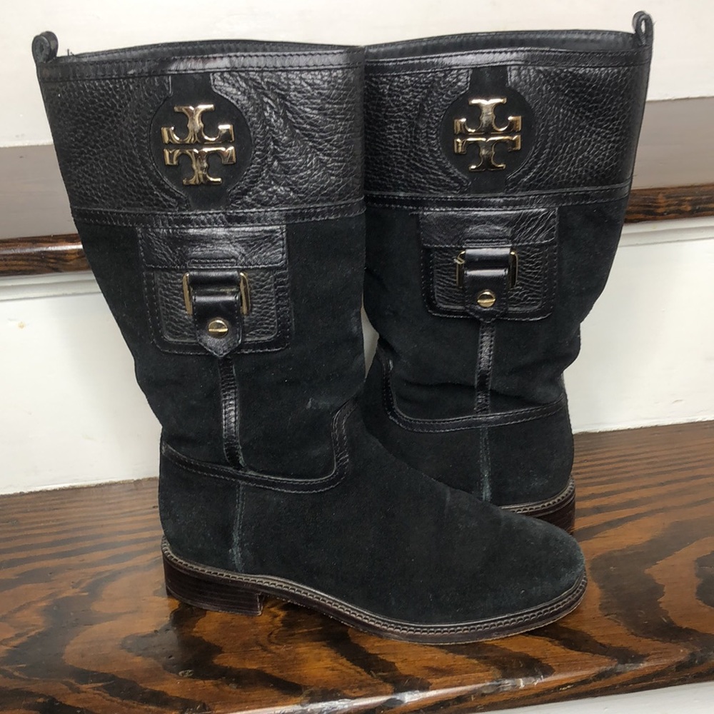 Tory Burch Black Suede Leather Cuff Mid Calf Boots Size 7